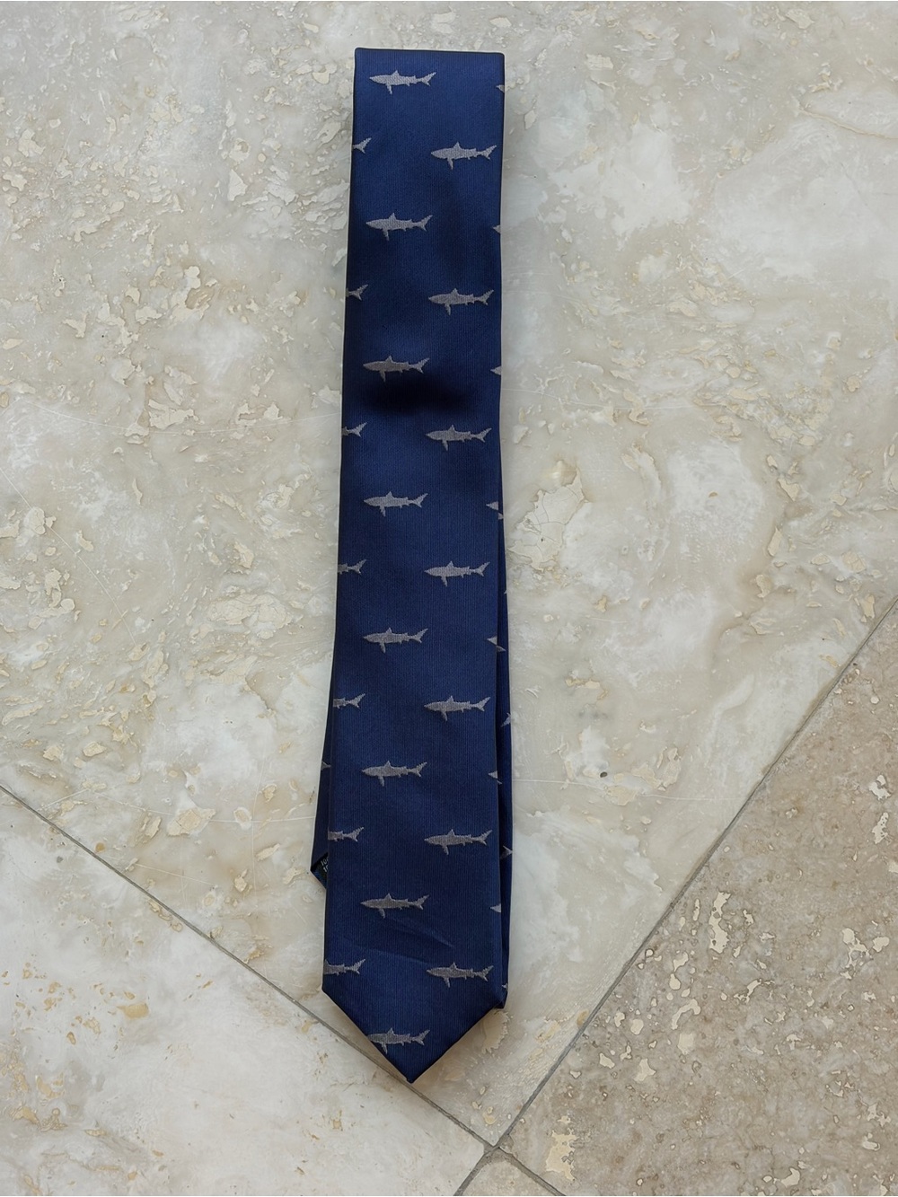 Boys Navy Silk Tie with Small Shark Motif - Picture 2 of 3